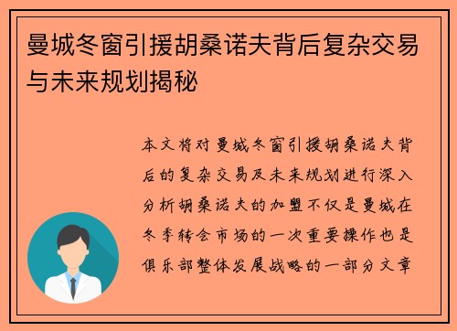 曼城冬窗引援胡桑诺夫背后复杂交易与未来规划揭秘