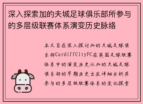 深入探索加的夫城足球俱乐部所参与的多层级联赛体系演变历史脉络