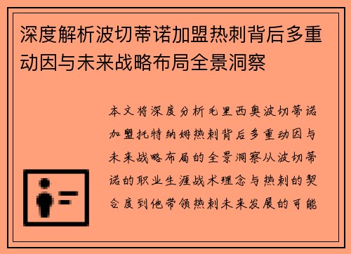 深度解析波切蒂诺加盟热刺背后多重动因与未来战略布局全景洞察