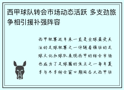 西甲球队转会市场动态活跃 多支劲旅争相引援补强阵容 西甲球队转会市场动态活跃 多支劲旅争相引援补强阵容